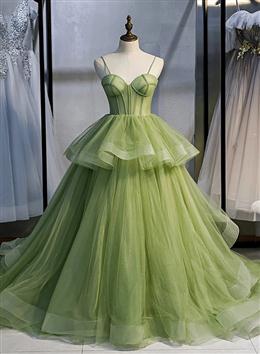 Picture of Sage Green Corset Long Prom Dresses, Long Green Tulle Party Dresses Evening Dress